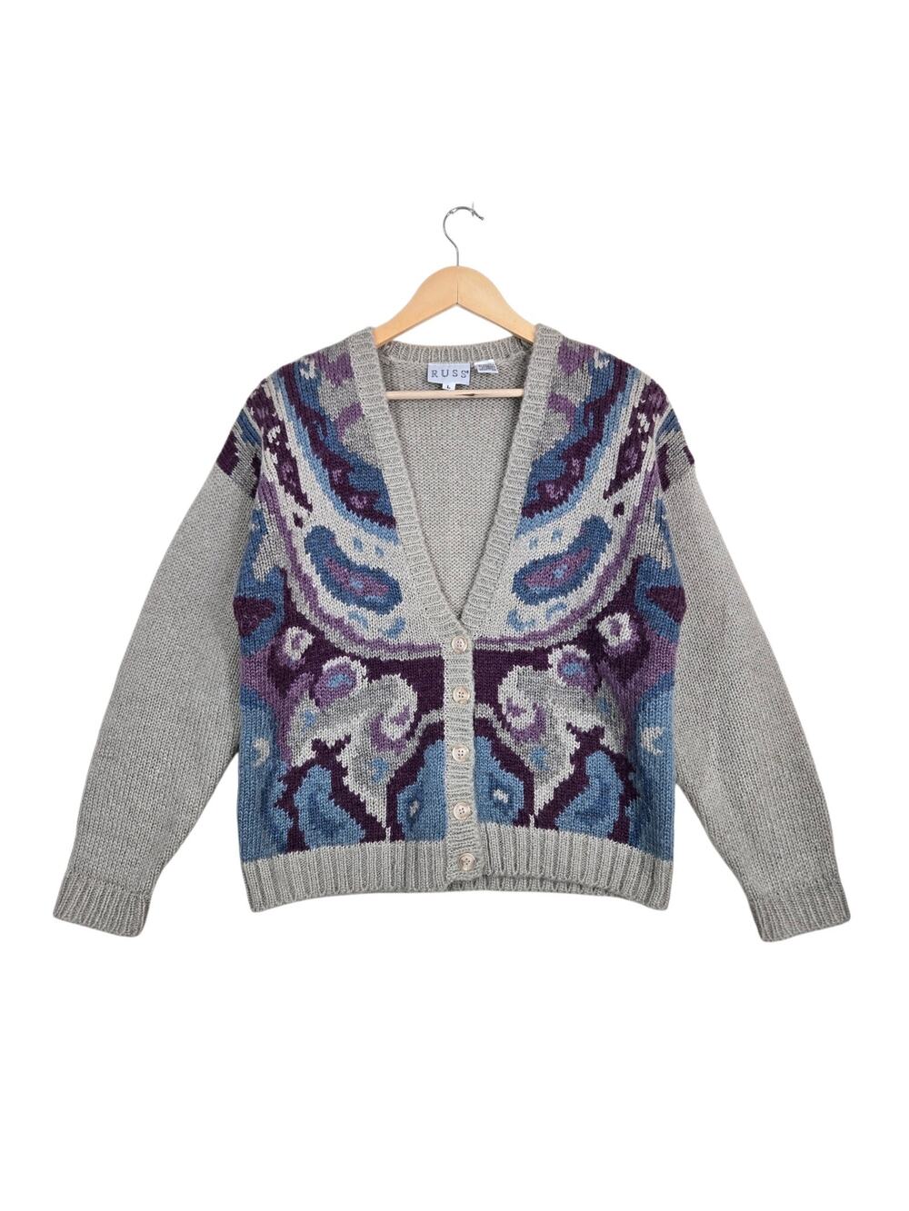 Vintage 90s Russ Mohair Blend Cardigan L Paisley Cottagecore Grandpa Knit